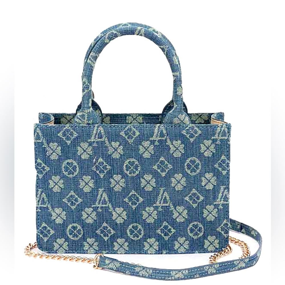 Denim Blue Jacquard Patterned Tote Handbag